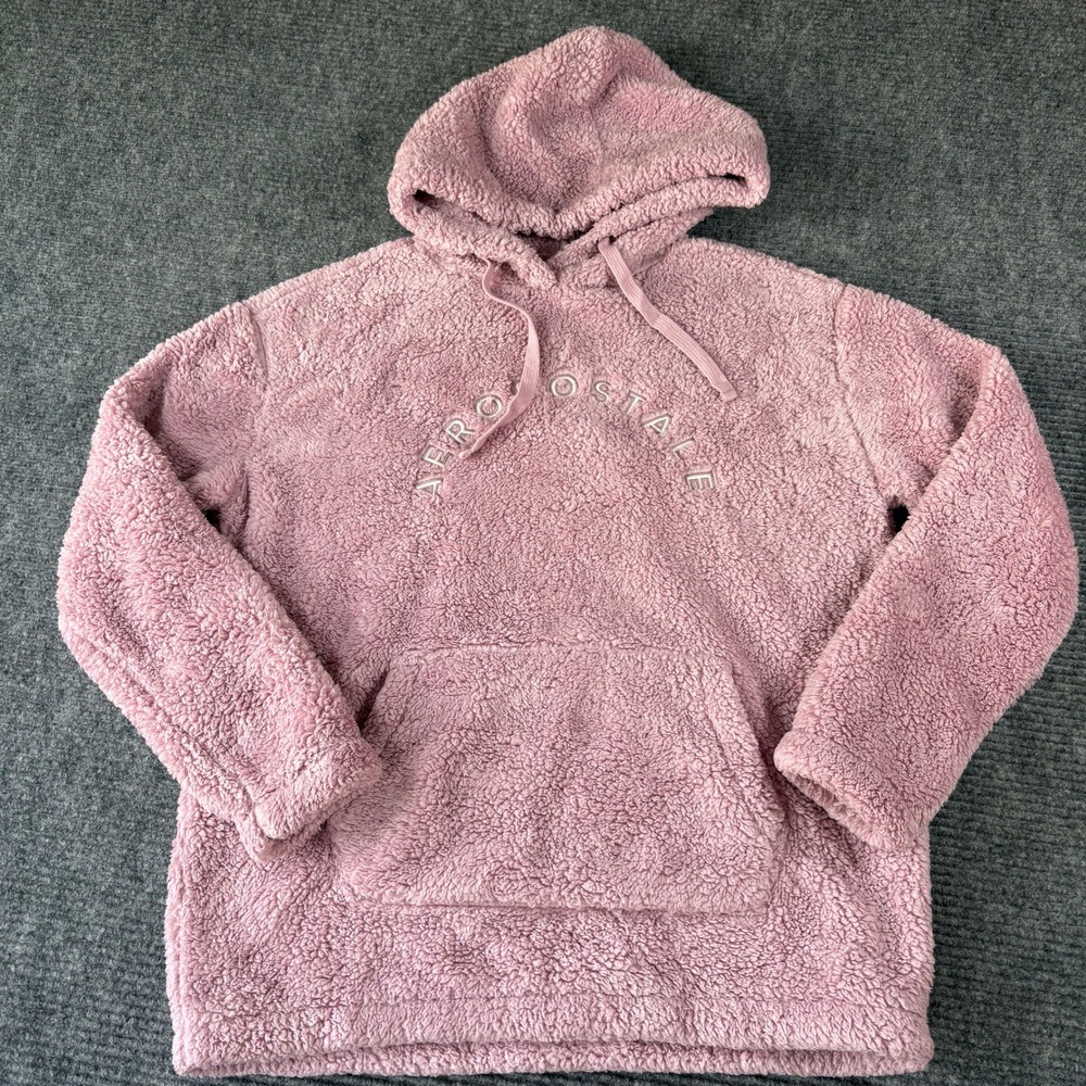 Aeropostale Womens Medium Dusty Pink Sherpa Fuzzy Pullover Hoodie Logo 4398
